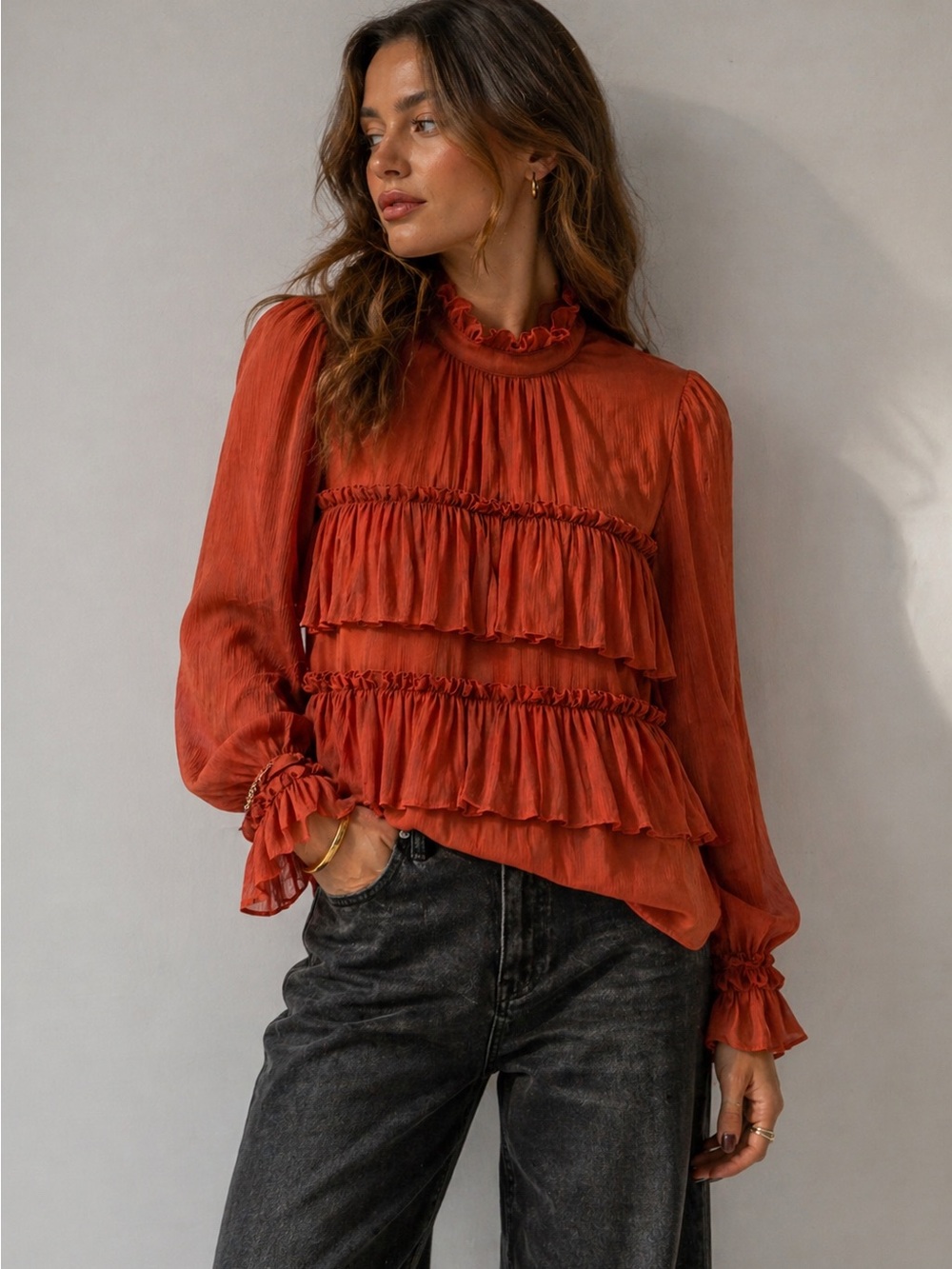 Adam Lippes Collective Ruffle Tiered Blouse Rust Orange Silk Top Size 2